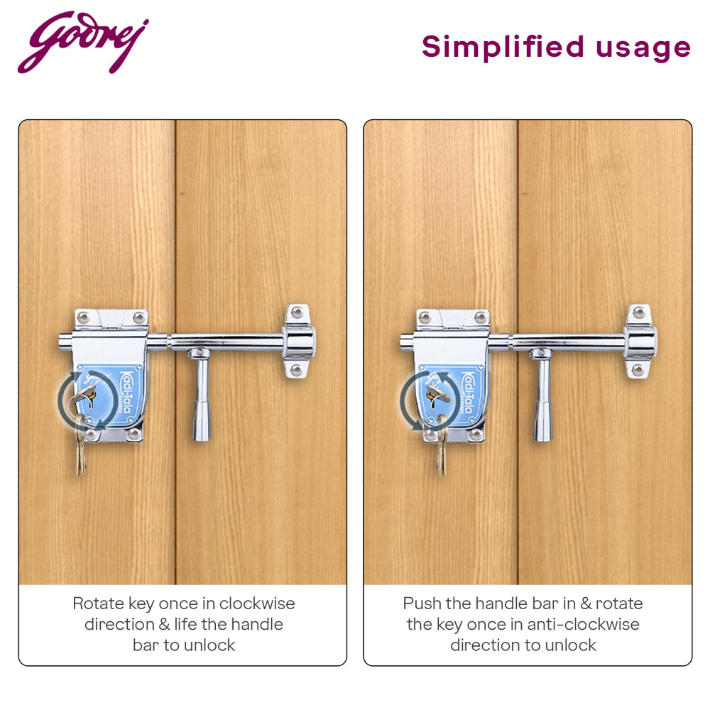 Godrej Locks I Kadi-Tala 6 Lever 200 mm I 2 keys I for Double Door, Fitting outside of door pannel I Alloy steel body double Locking Mechanism for main door I Silver Finish